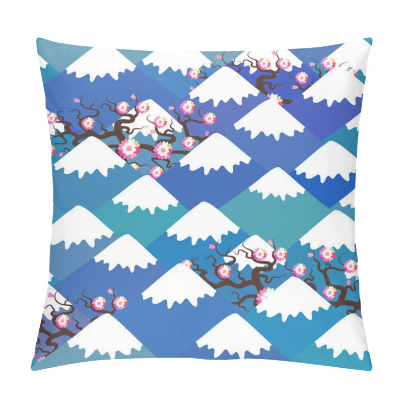 Personality  Seamless Pattern Mount Fuji, Spring Nature Background With Japanese Cherry Blossoms, Sakura Pink Flowers Landscape. Blue Mountain With Snow-capped Peaks. Vector Illustration Pillow Covers