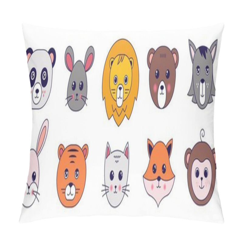 Personality  Kawaii Animals. Cute Doodle Cat Tiger Panda Mouse And Other Pets Avatars With Funny Emoji Faces. Vector Cartoon Animal Heads Set Of Bear, Fox, Monkey Pillow Covers