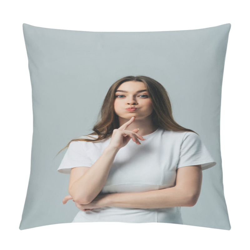 Personality  Beautiful Funny Girl Blowing Cheeks Isolated On Grey Pillow Covers