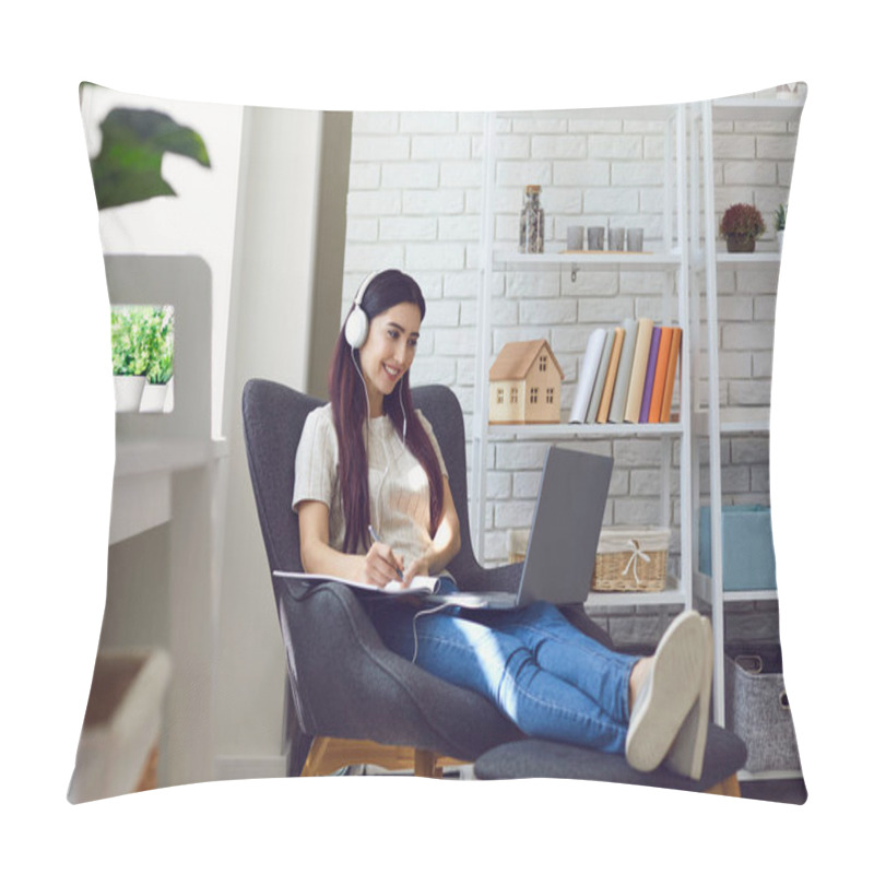 Personality  Young Woman Student Attend Online Class, Webinar Or Internet Lecture From Home Using Laptop Computer Pillow Covers