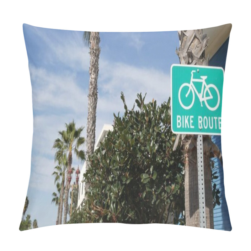 Personality  Bike Route Green Road Sign In California, USA. Bicycle Lane Singpost. Bikeway In Oceanside Pacific Tourist Resort. Cycleway Signboard And Palm. Healthy Lifestyle, Recreation And Safety Cycling Symbol. Pillow Covers