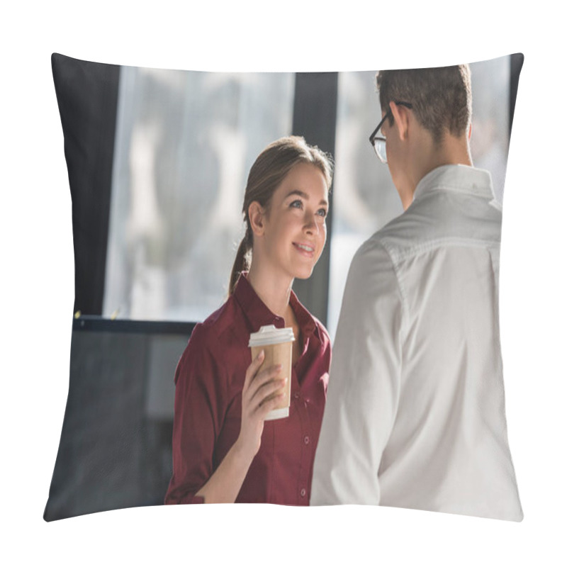 Personality  Attractive Young Manageress With Coffee To Go Flirting With Colleague Pillow Covers