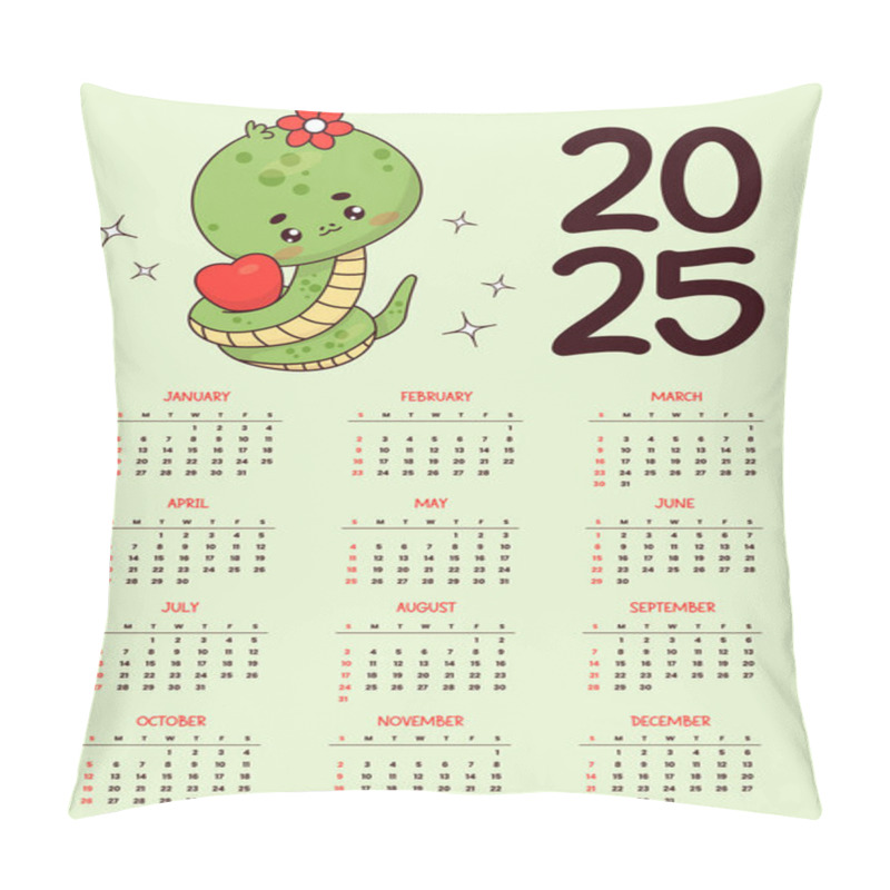 Personality  2025 Annual Calendar. Cute Snake Girl With Heart. Funny Kawaii Character. New Year Vector Vertical Template 12 Months In English. Week Starts Sunday. 2025 Year Snake According To Eastern Calendar Pillow Covers