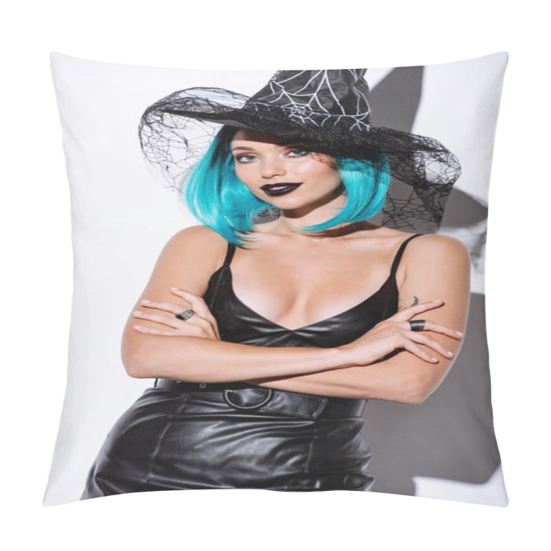 Personality  Girl In Black Witch Halloween Costume With Blue Hair With Crossed Arms On White Background Pillow Covers