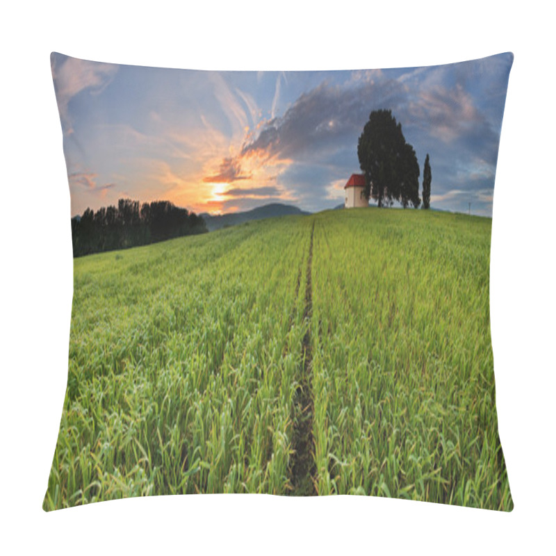 Personality  Farm Field With Lone Tree And Chapel Pillow Covers