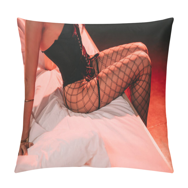 Personality  Cropped View Of Sexy Prostitute In Corset And Mesh Stockings Sitting On Bed On Black  Pillow Covers