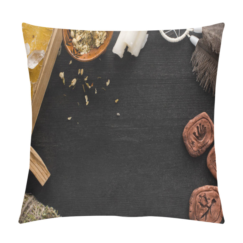 Personality  Top View Of Clay Amulets, Book With Dreamcatcher And Crystals On Black Wooden Background Pillow Covers