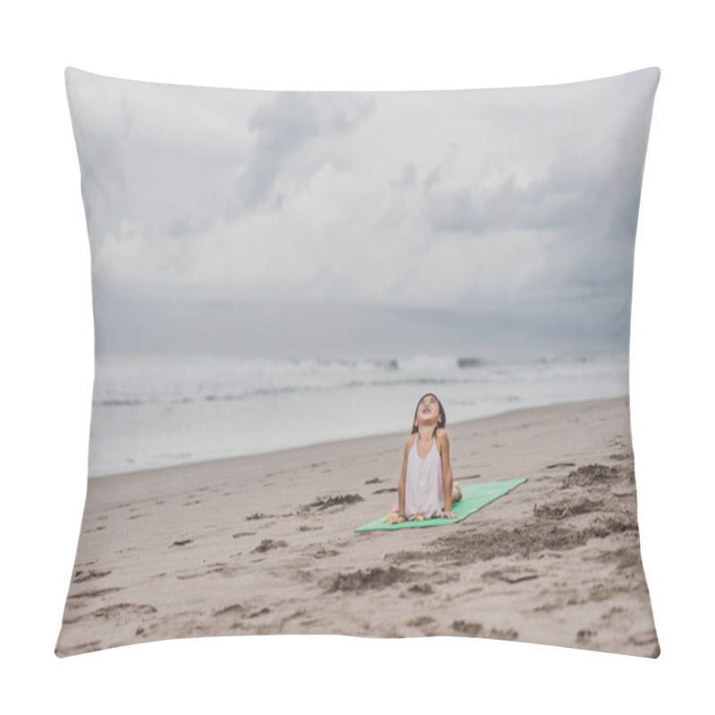 Personality  Happy Little Child Practicing Yoga In Upward-Facing Dog (Urdhva Mukha Svanasana) Pose On Seashore Pillow Covers