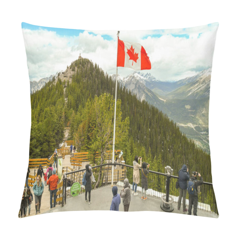 Personality  BANFF, AB, CANADA - JUNE 2018: Visitors On The Lookout Point On The Top Of Sulphur Mountain In Banff. Pillow Covers