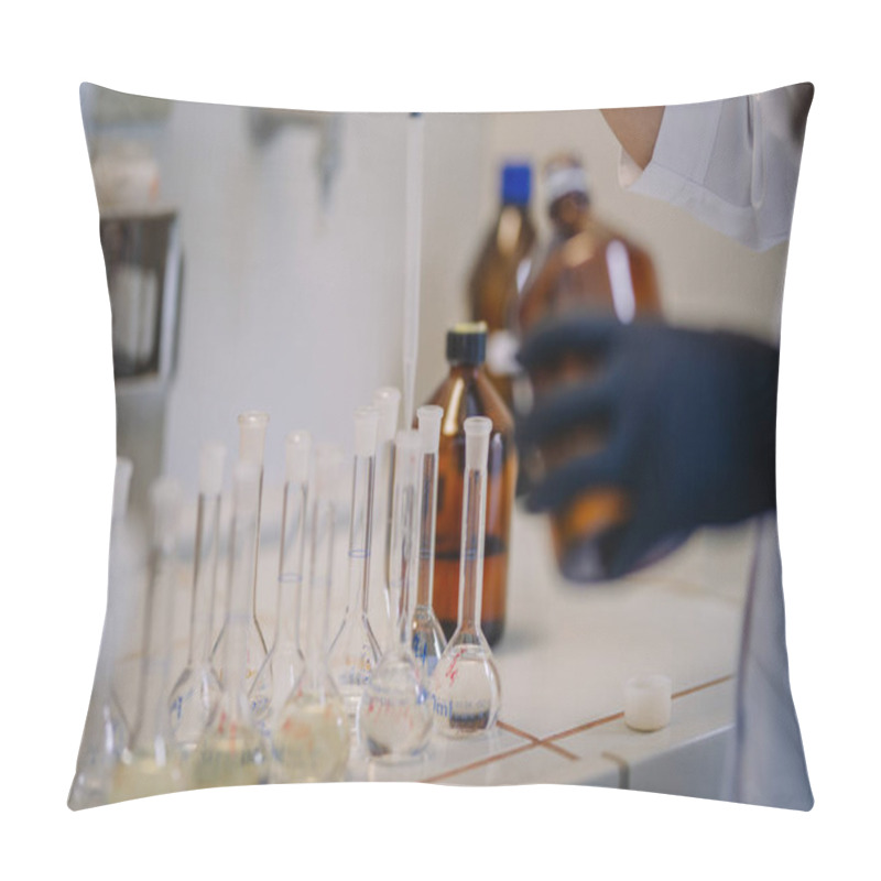 Personality  Valmiera, Latvia - November 18, 2024 - Laboratory Flasks Filled With Liquids And A Scientists Gloved Hand Holding A Bottle, With Pipetting Equipment And Chemical Bottles In The Background Pillow Covers