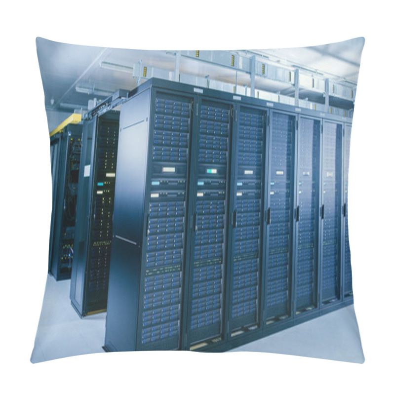 Personality  Shot Of Data Center With Multiple Rows Of Fully Operational Server Racks. Modern Telecommunications, Cloud Computing, Artificial Intelligence, Database, Supercomputer Technology Concept. Pillow Covers