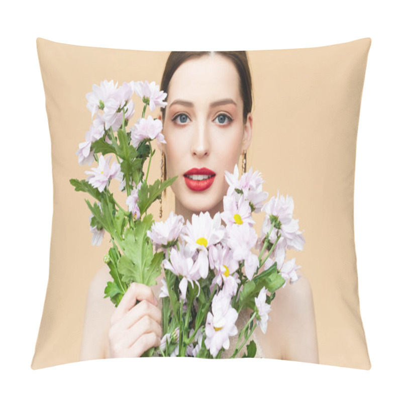 Personality  Beautiful Girl Looking At Camera And Holding Blooming Chrysanthemum Flowers Isolated On Beige  Pillow Covers