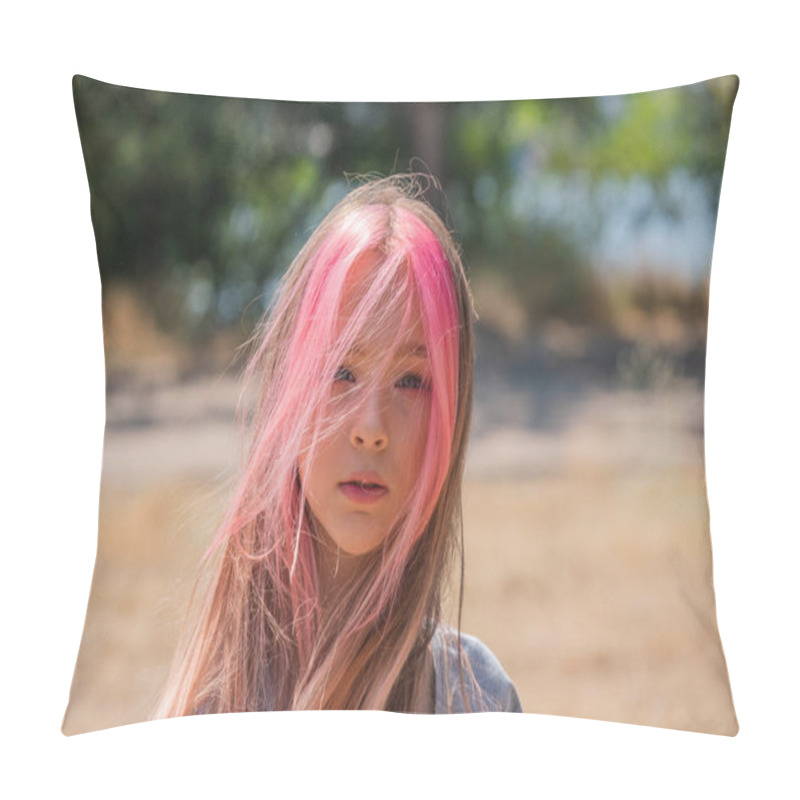 Personality  Cute Child Girl Portrait . Outdoor Portrait Of Cute Little Girl In Summer Day. Portrait Of A Little Girl With Pink Hair. Child 9-10 Years Old. Teenager Pillow Covers