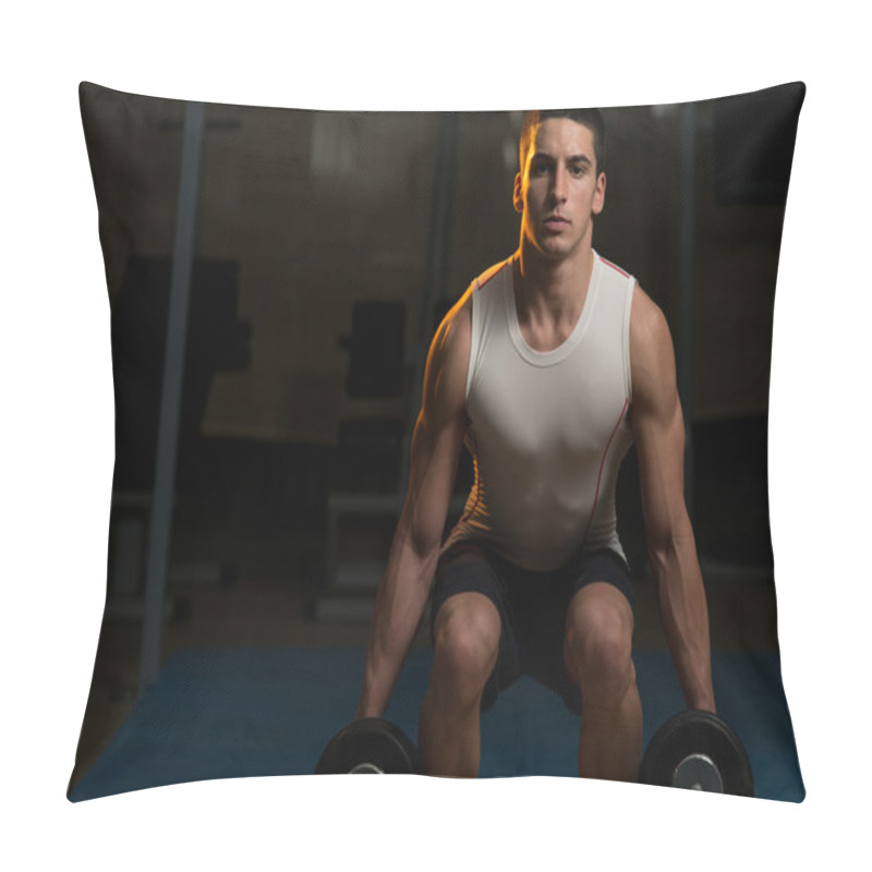 Personality  Young Men Doing Squats With Dumbbell In Gym Pillow Covers