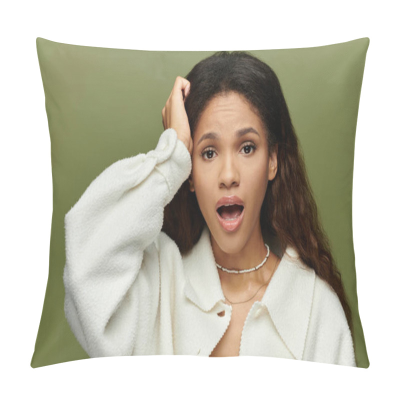 Personality  A Stunning Woman With Flowing Hair Touches Her Head, Radiating Astonishment. Pillow Covers