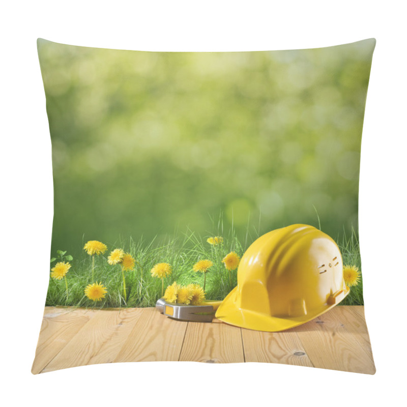 Personality  Construction Helmet On Green Nature Background Pillow Covers