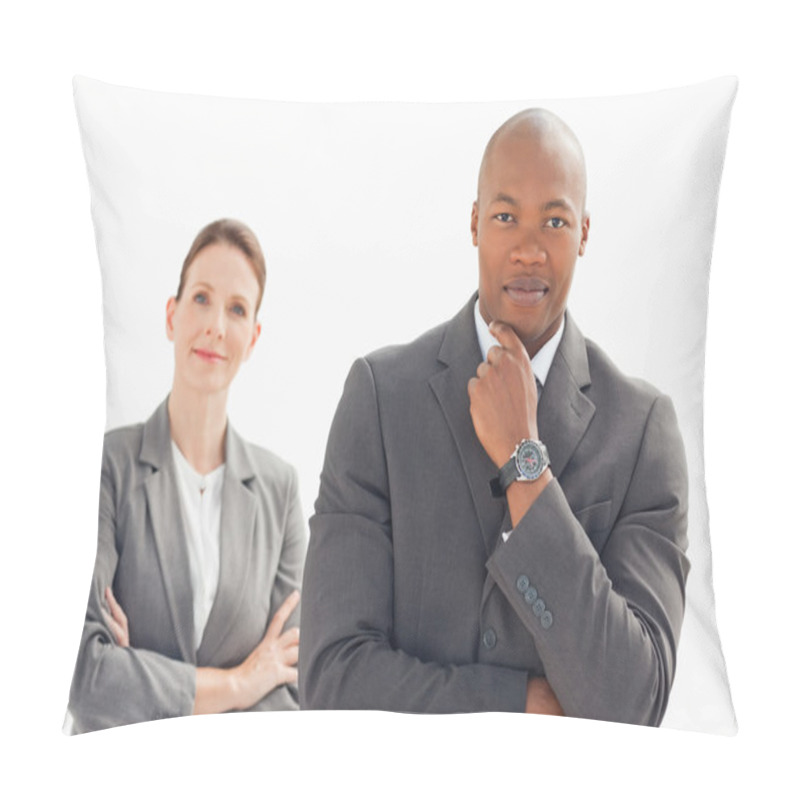 Personality  Businessman And Woman Posing Pillow Covers