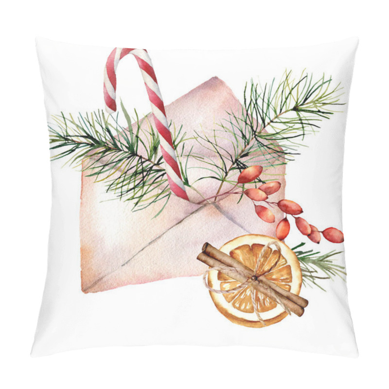 Personality  Watercolor Christmas Envelope With Decor. Hand Painted Fir Branch, Barberry, Orange, Cinnamon, Candy Cane Isolated On White Background. Holiday Composition For Design, Print Or Background. Pillow Covers