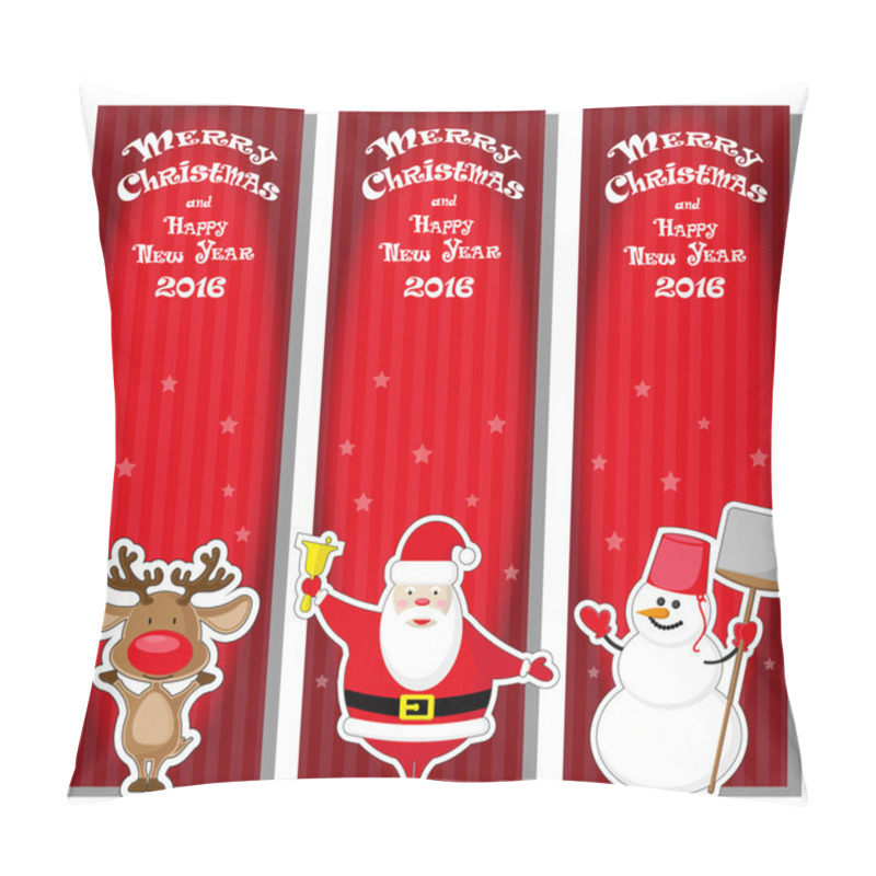 Personality  Set Vector Christmas Banner With Santa Claus, Snowman, Deer And Hand Drawn Text Merry Christmas And Happy New Year 2016 On Red Gradient Striped Background Pillow Covers