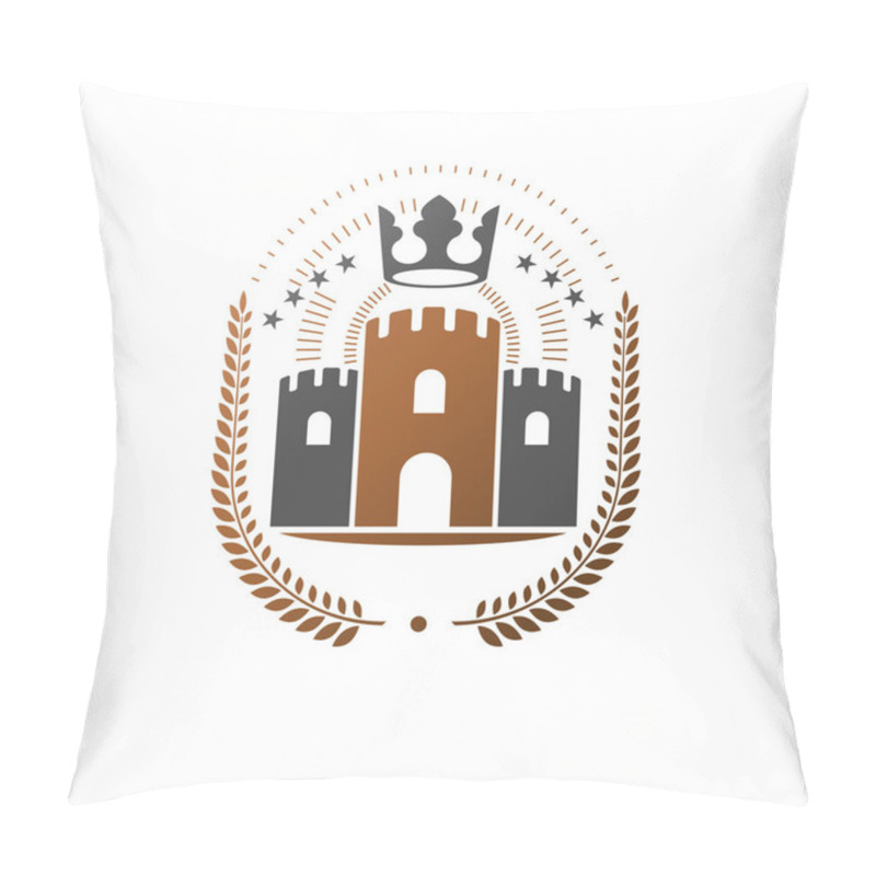 Personality  Ancient Castle Emblem. Heraldic Coat Of Arms Decorative Logo Isolated Vector Illustration. Ornate Logotype In Old Style On White Background. Pillow Covers