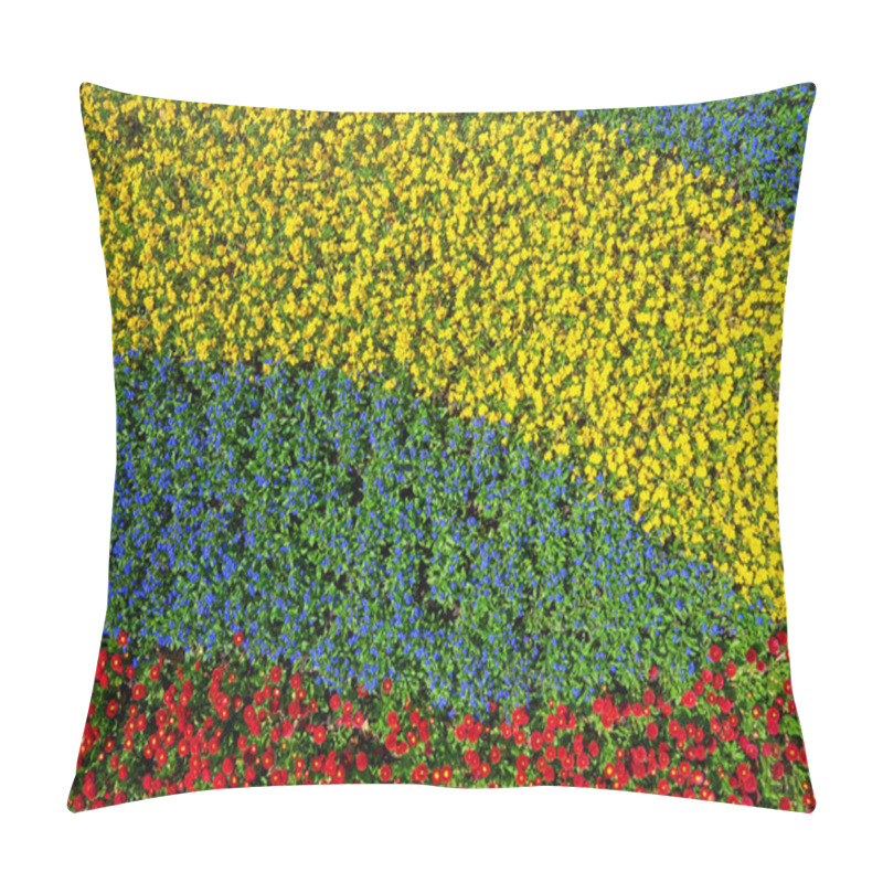 Personality  Detail Of A Flower Bed Of Yellow, Blue And Red Flowers From Above Pillow Covers