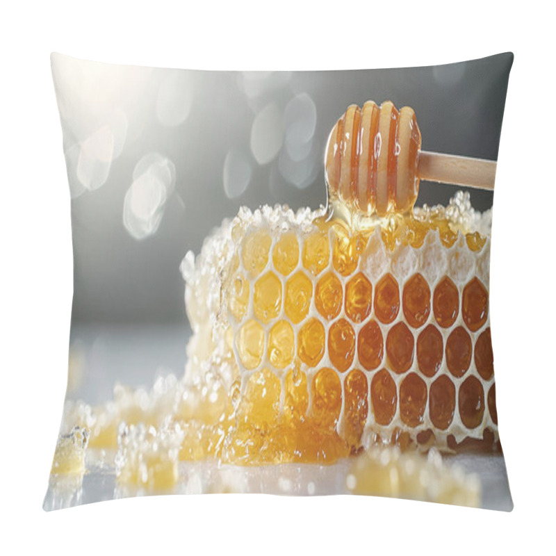 Personality  Honeycomb With Honey Dipper, Golden Sweetness Dripping, Natural Delight; An AI-generated Image. Pillow Covers