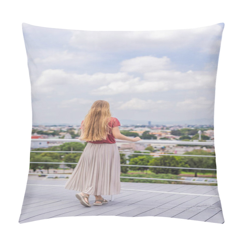 Personality  Female Tourist In Front Of The Panoramic View Of Puebla City, Mexico. Travel, Cultural Exploration, And Scenic Landscape Concept. Pillow Covers