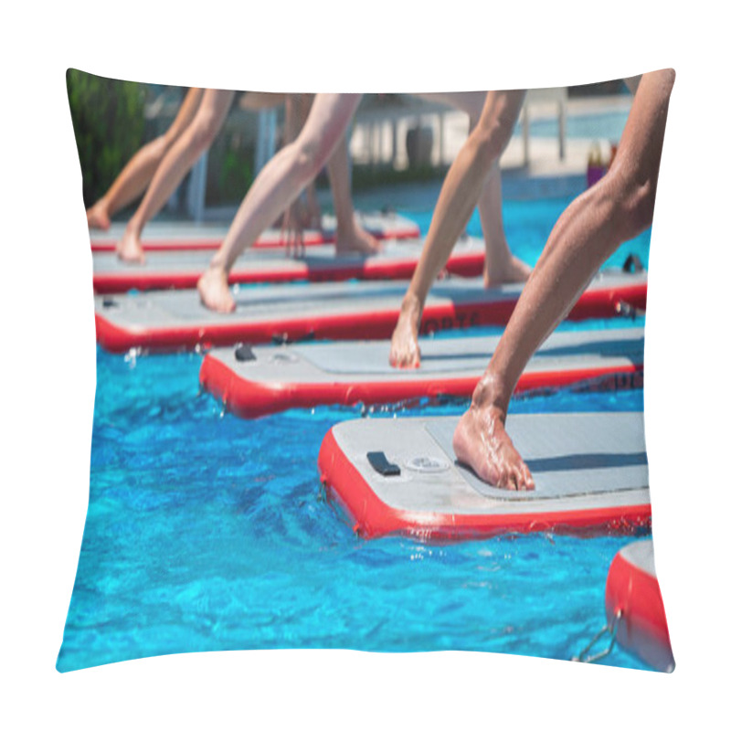 Personality  Close-up Of Feet Balancing On Paddleboards In A Sunny Tropical Pool, With People Practicing Yoga Poses. Concept Of Outdoor Wellness, Fitness, And Balance Activities Pillow Covers