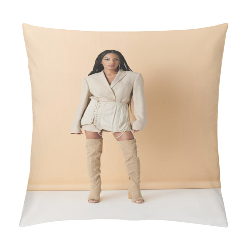 Personality  A Young Woman In A Beige Blazer And Skirt Poses Confidently Against A Pale Background, Her Long Braids Cascading Down Her Back. Pillow Covers