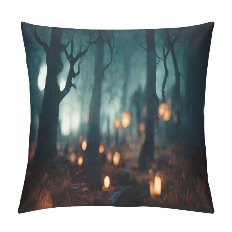 Personality  Realistic Haunted Forest Creepy Landscape At Night. Fantasy Halloween Forest Background. Surreal Mysterious Atmospheric Woods Design Backdrop. Digital Art. Pillow Covers