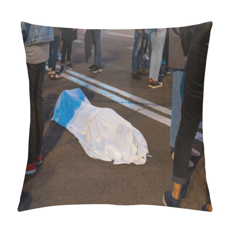 Personality  Human Body Covered By A Sheet Lying On The Street. Pillow Covers