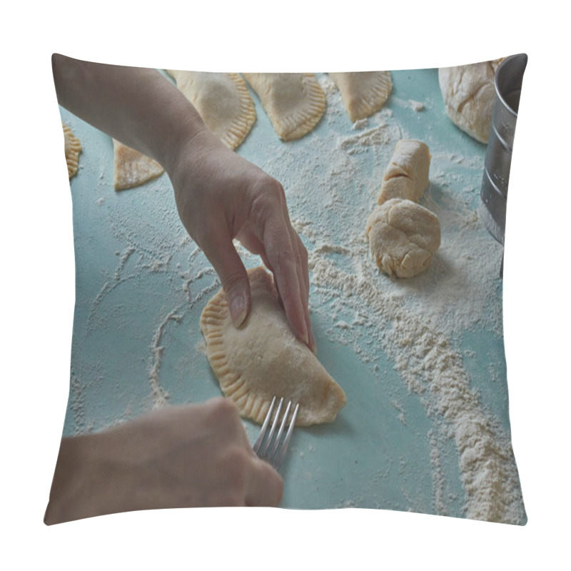 Personality  Raw Chebureks, Calzone Or Qutab, With Minced Meat And Onion In On The Table. Woman's Hands   In Process Of Making Homemade Qutab Or Chebureki, Calzone. Azerbaijani, Tatar, Caucasian, Greek Cuisine. Empanadas In Latin America  Pillow Covers