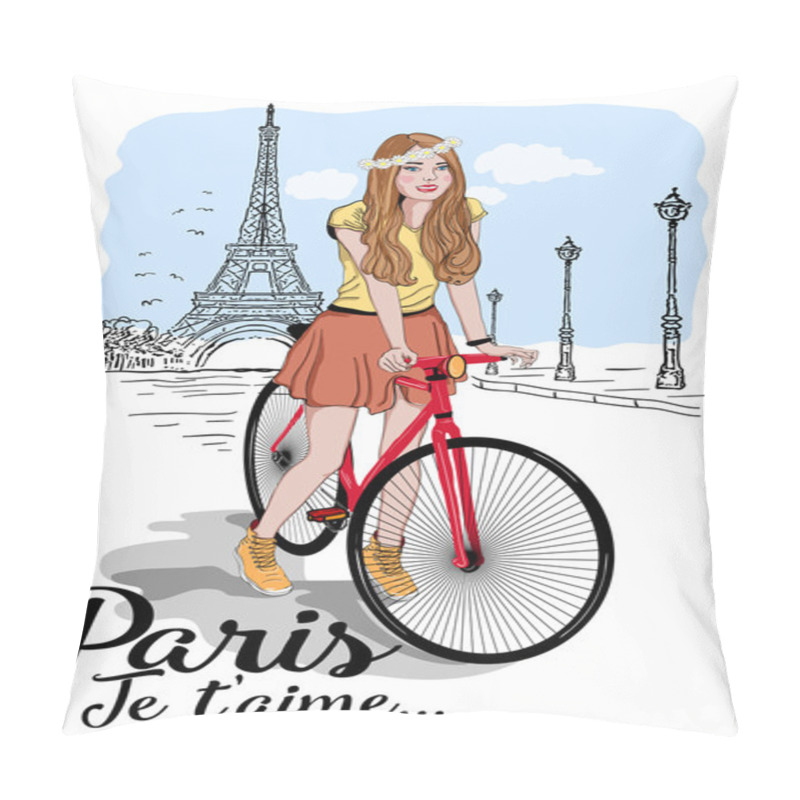 Personality  Poster With Girl On Bike And Eiffel Tower Pillow Covers