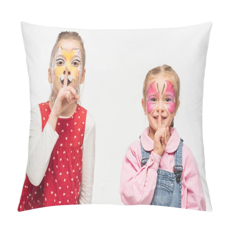 Personality  Adorable Friends With Cat Muzzle And Butterfly Paintings On Faces Showing Hush Sign Isolated On White Pillow Covers