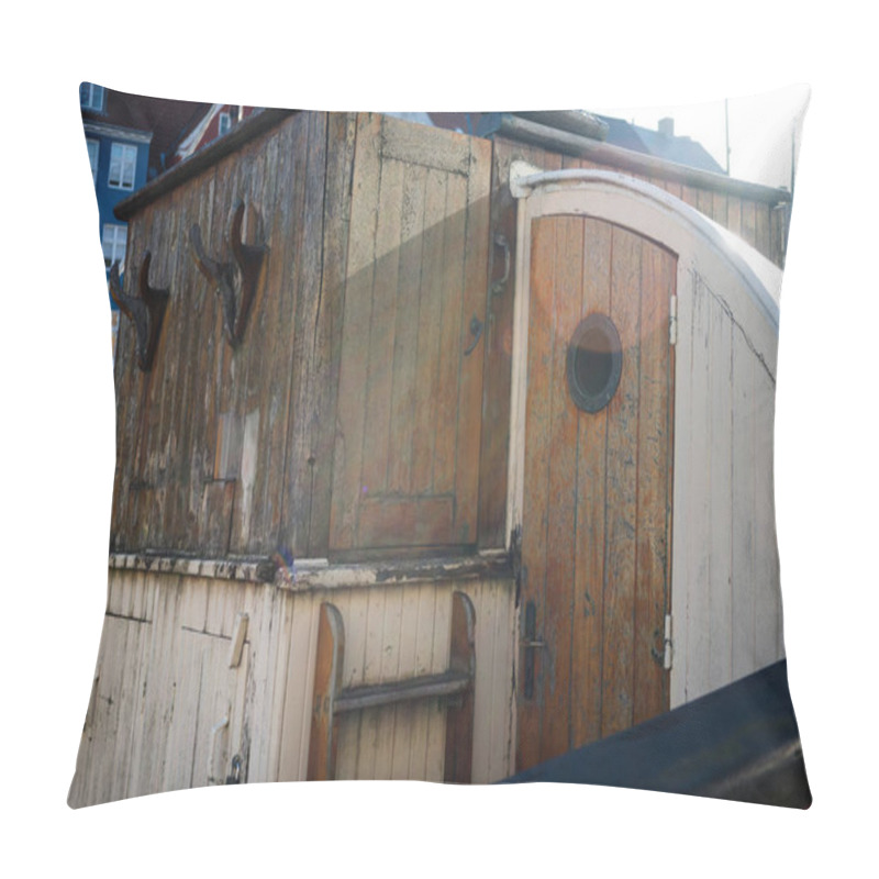 Personality  COPENHAGEN, DENMARK - 06 MAY, 2018: Wooden Detail Of Boat At Nyhavn Pier In Copenhagen, Denmark Pillow Covers