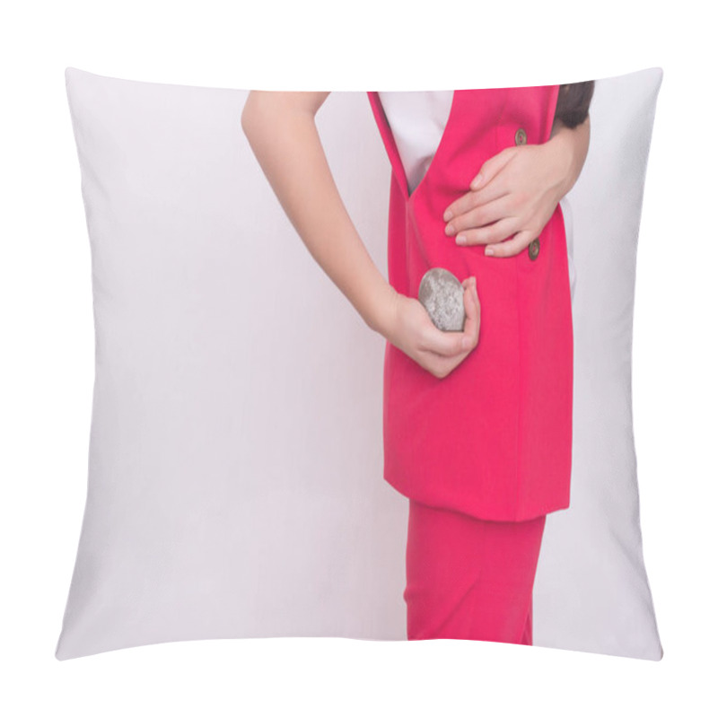 Personality  Girl On A White Background Holds A Stone In Her Hand Near The Kidney, The Concept Of Kidney Stones, Copy Space, Disease Pillow Covers