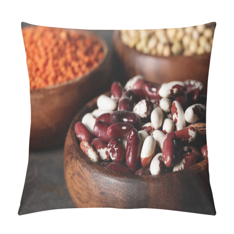 Personality  Close Up Of Beans In Wooden Bowl With Legumes On Background Pillow Covers