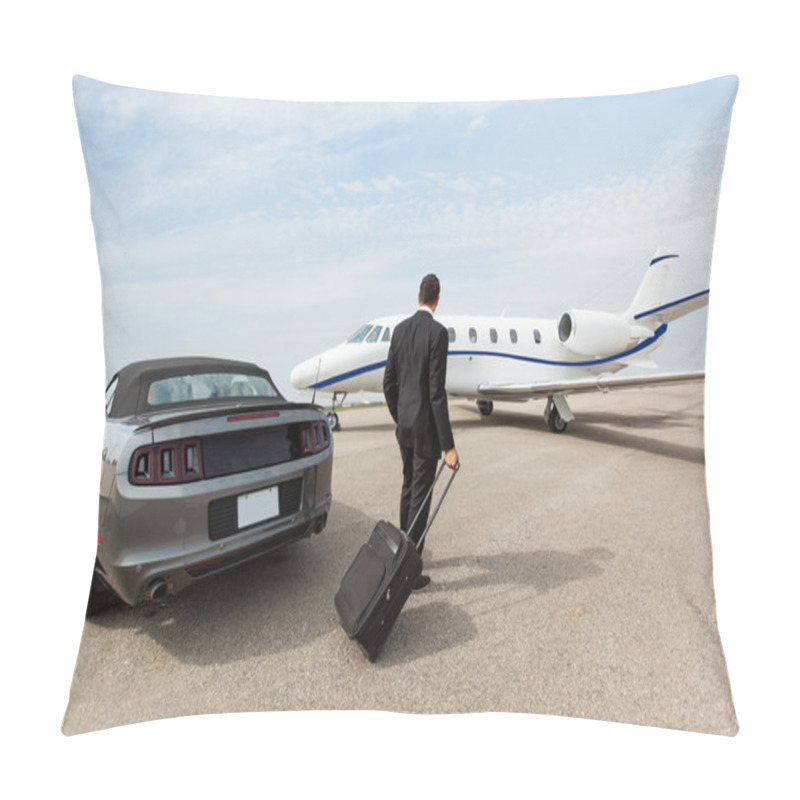 Personality  Businessman Standing By Car And Private Jet At Terminal Pillow Covers