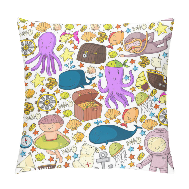 Personality  Diving Pattern With Children. Octopus, Whale. Summer Adventure With Pirates And Treasures. Swimming And Underwater Adventure. Pillow Covers