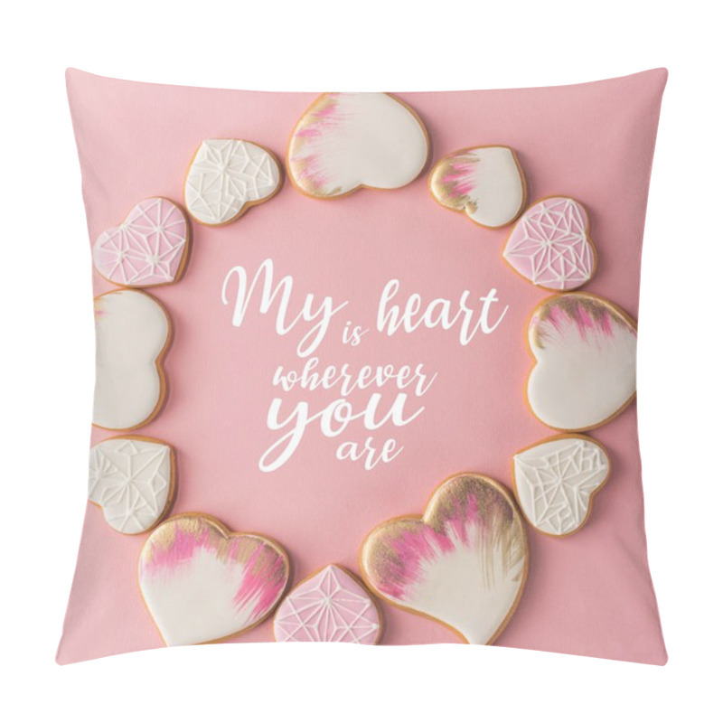 Personality  Flat Lay With Arrangement Of Glazed Heart Shaped Cookies Isolated On Pink Surface Pillow Covers