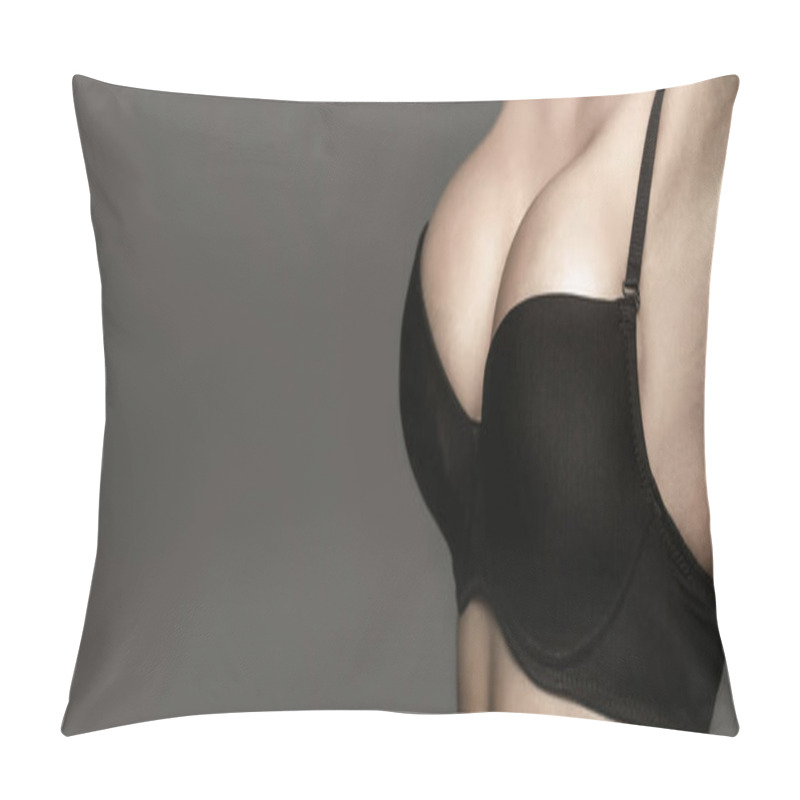 Personality  Woman With Big Natural Sexy Boobs In Lingerie. Plastic Surgery. Copy Space. Closeup Of Sexy Female Boob In Black Bra. Sexy Boob. Close Up Of Breast Of Girl Presenting Her Bra Pillow Covers