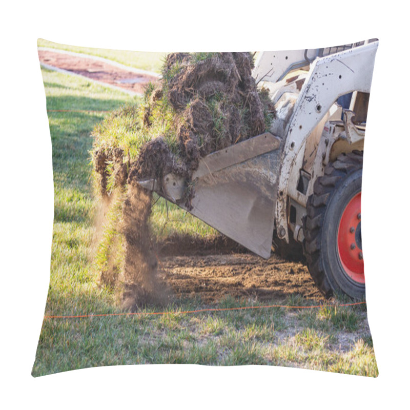 Personality  Small Bulldozer Removing Grass From Yard Preparing For Pool Installation Pillow Covers