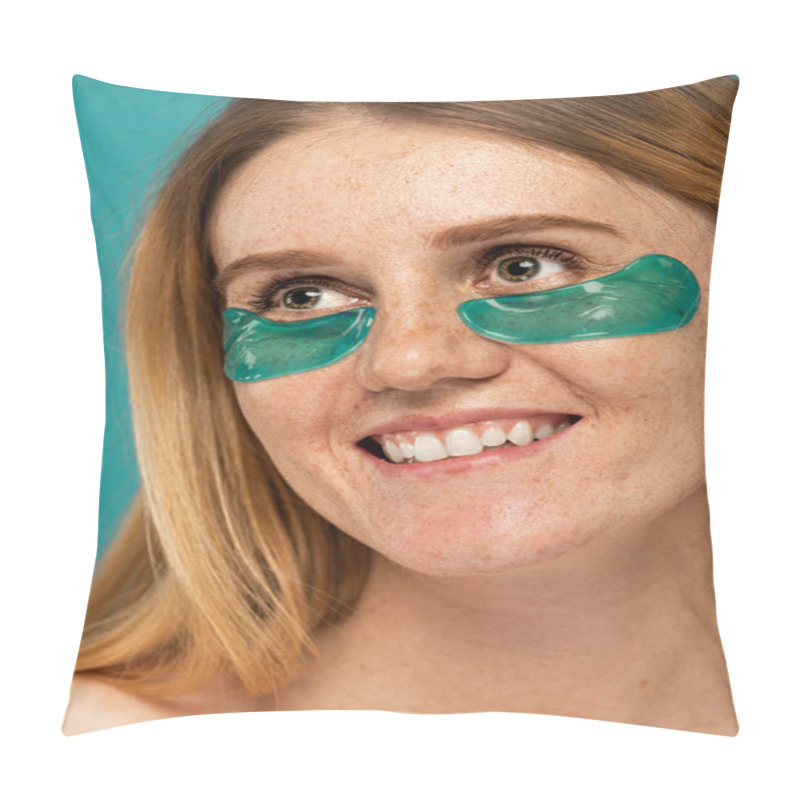 Personality  Portrait Of Happy Woman With Freckles And Collagen Patches Under Eyes Smiling Isolated On Turquoise  Pillow Covers