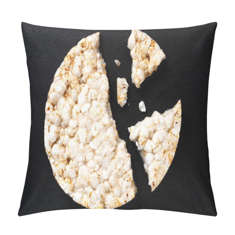 Personality  Broken Puffed Rice Cake From Above Isolated On Dark. Pillow Covers