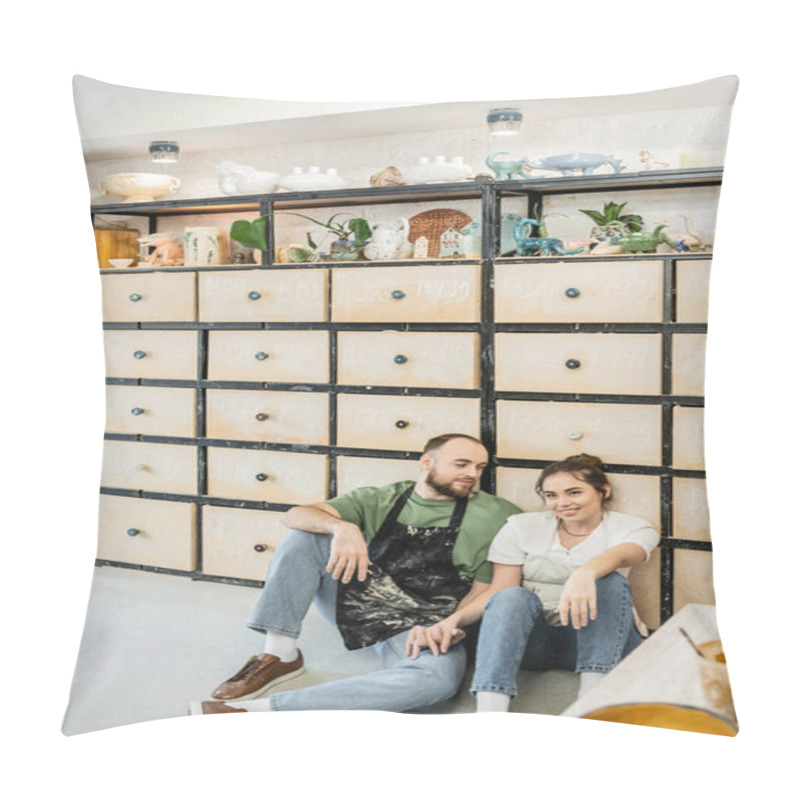 Personality  Craftsman In Apron Looking At Smiling Girlfriend Sitting Near Cupboard In Ceramic Studio Pillow Covers