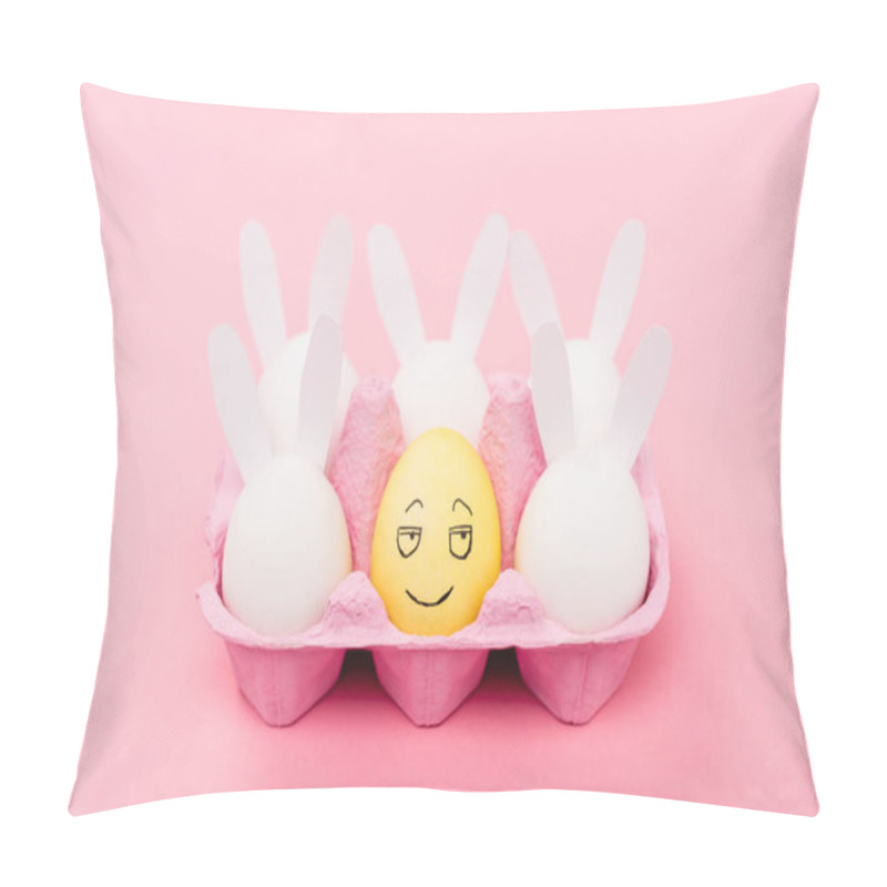 Personality  Decorative Rabbits And Yellow Egg With Smiling Facial Expression On Pink, Easter Concept Pillow Covers