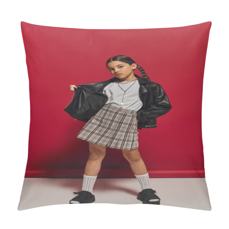 Personality  Full Length Of Fashionable Preadolescent Girl With Hairstyle Posing In Leather Jacket And Checkered Skirt And Looking At Camera While Standing On Red Background, Stylish Preteen Outfit Concept Pillow Covers