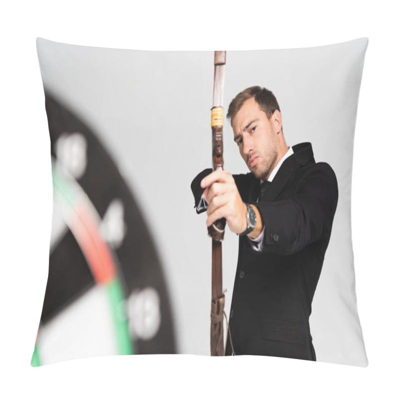 Personality  Selective Focus Of Handsome Businessman In Suit Holding Bow And Shooting At Target Isolated On Grey Pillow Covers