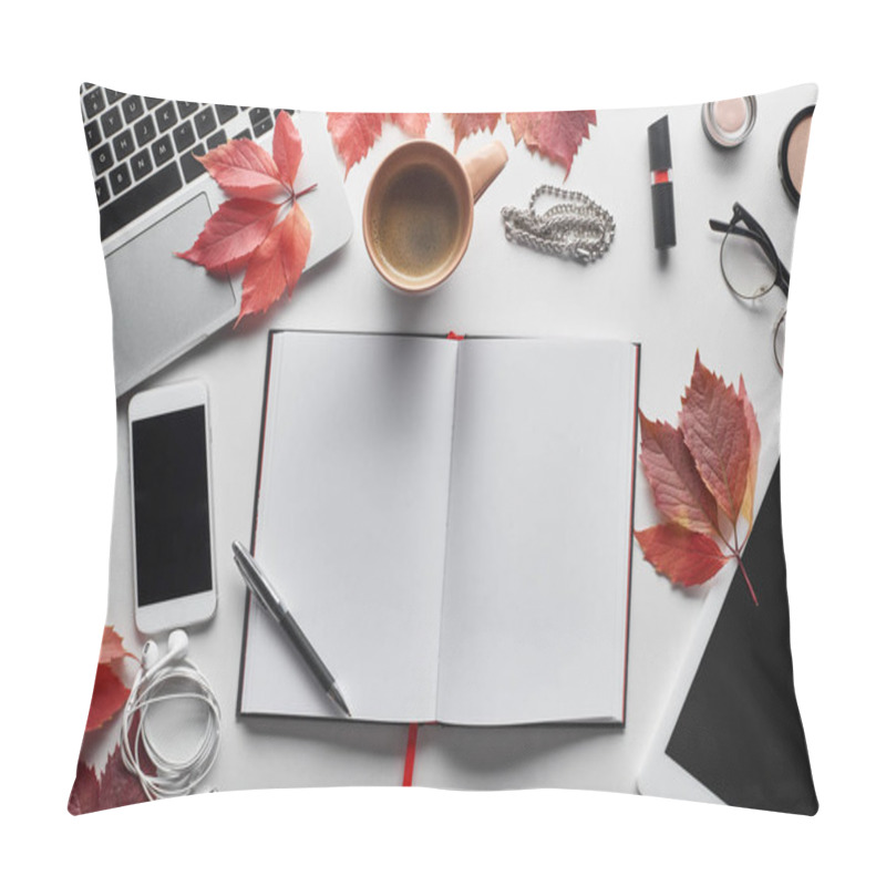 Personality  Top View Of Laptop Near Smartphone, Digital Tablet, Coffee Cup, Cosmetics, Earphones, Glasses, Notebook And Red Leaves On White Table Pillow Covers