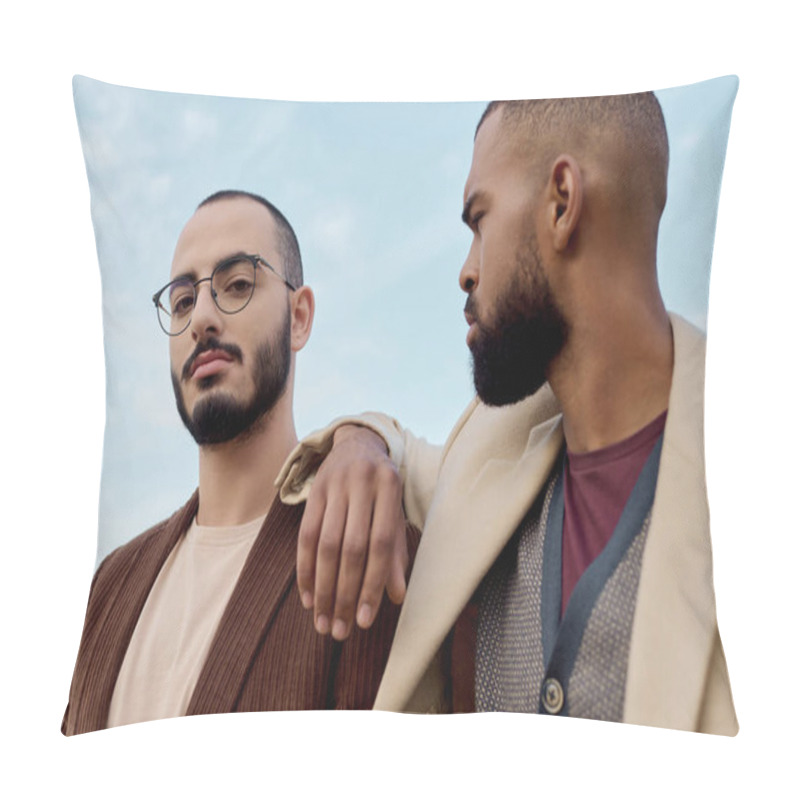 Personality  Two Handsome Men Wear Stylish Autumn Outfits While Posing Together In A Picturesque Field. Pillow Covers